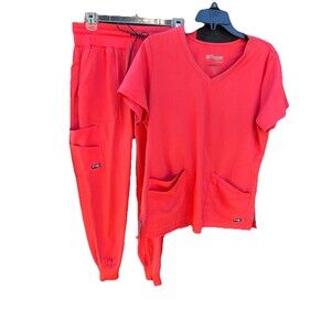 Greys Anatomy Scrub Set Medium Top/Bottom Coral Pink Pockets Poly/Rayon/Spandex